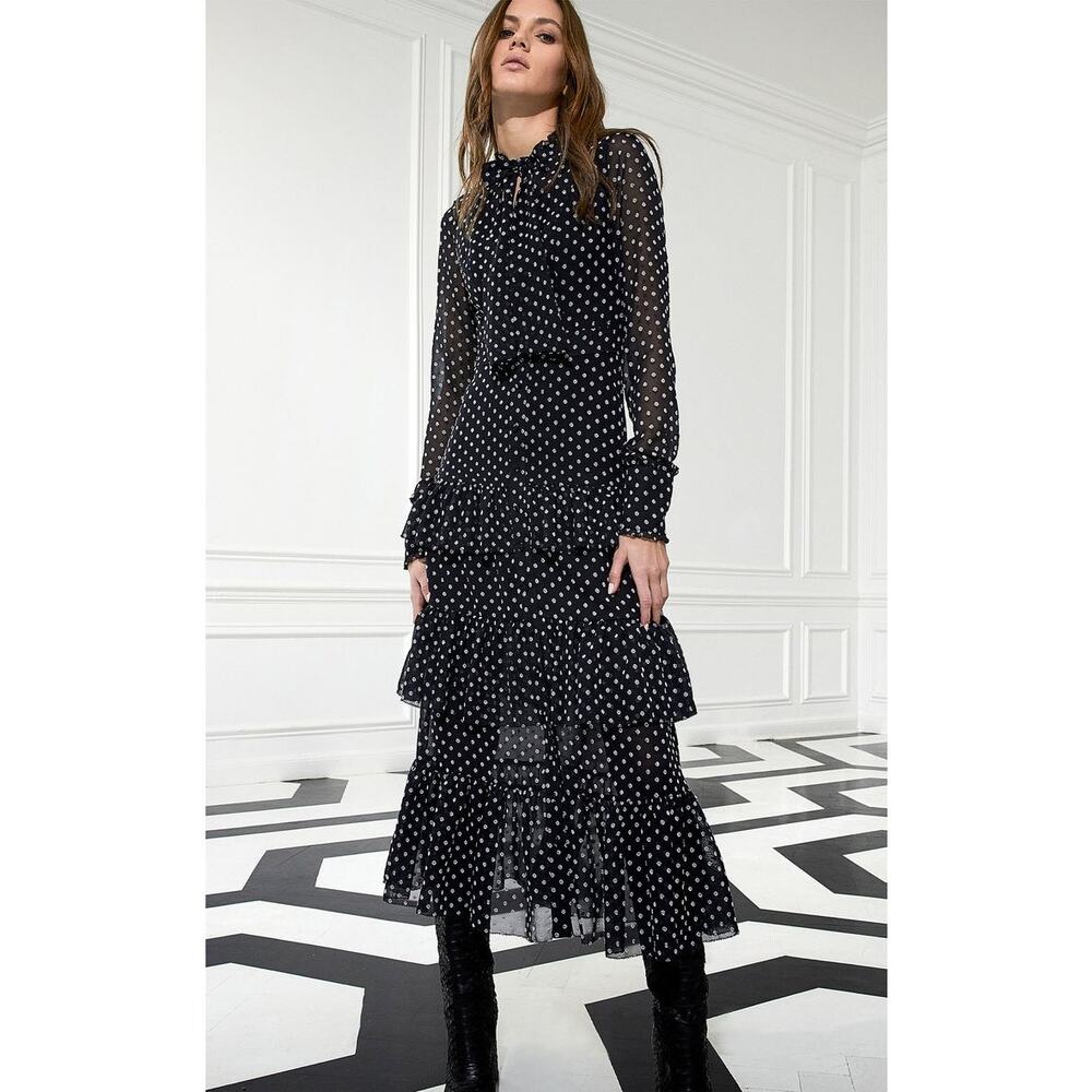 Alexis Parissa Belted Midi Dress with Neck Tie Embroidered Dots Black Size XS